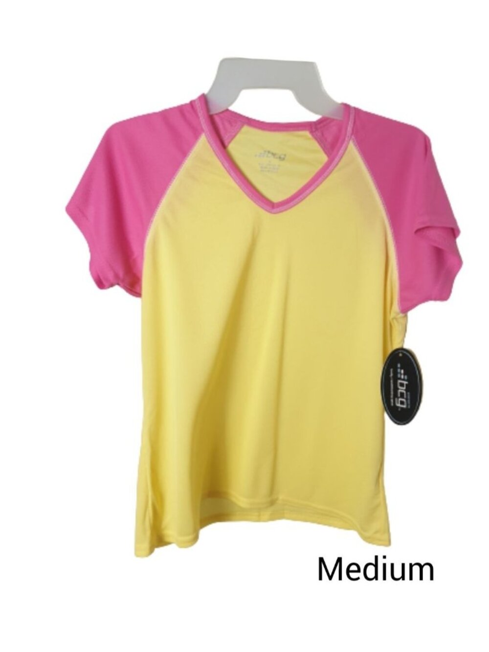 BCG Girls Athletic Top M Yellow Pink V-Neck SS Casual Sporty Workout Athleisure - Picture 5 of 5